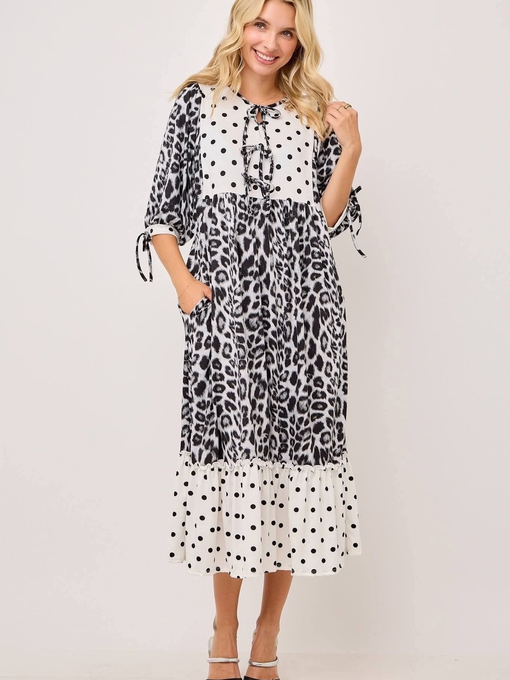 Celeste Black and White Mixed Print Midi Dress